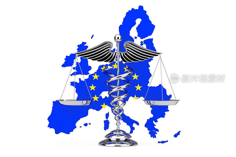 在印有欧盟旗帜的欧盟地图前面，以医学杖状符号作为刻度。三维渲染