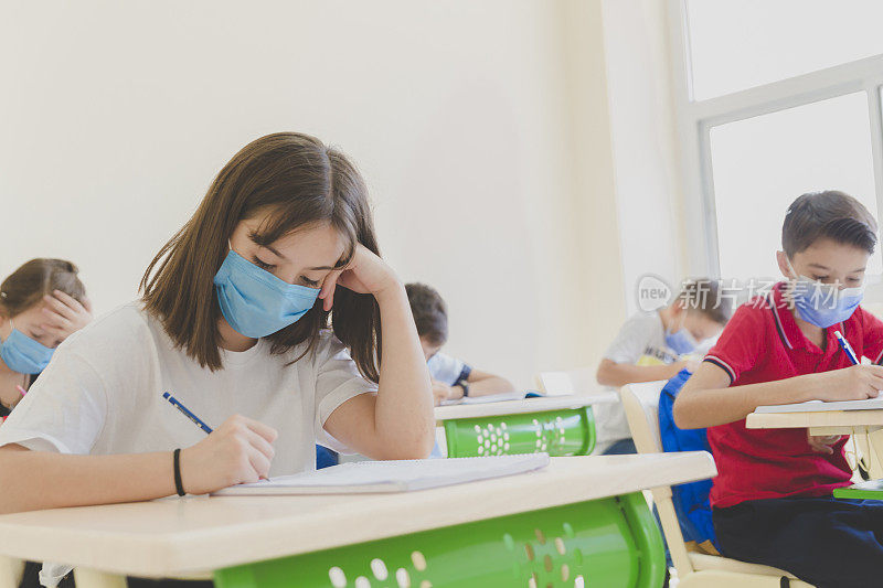 2019冠状病毒病隔离和封锁后，一群带口罩的儿童返回学校学习。