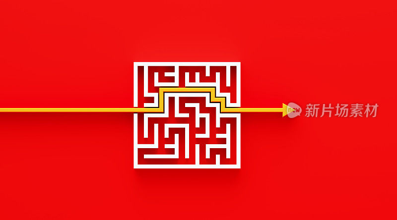 解决方案概念-箭头穿过白色迷宫的黄色线在红色的背景
