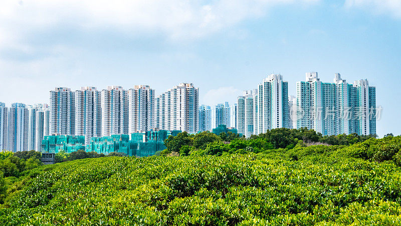 中国香港天水围湿地公园上方的高层公寓。