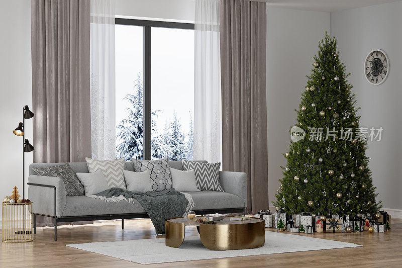 客厅内部有沙发，圣诞树，礼品盒和窗外的雪景。