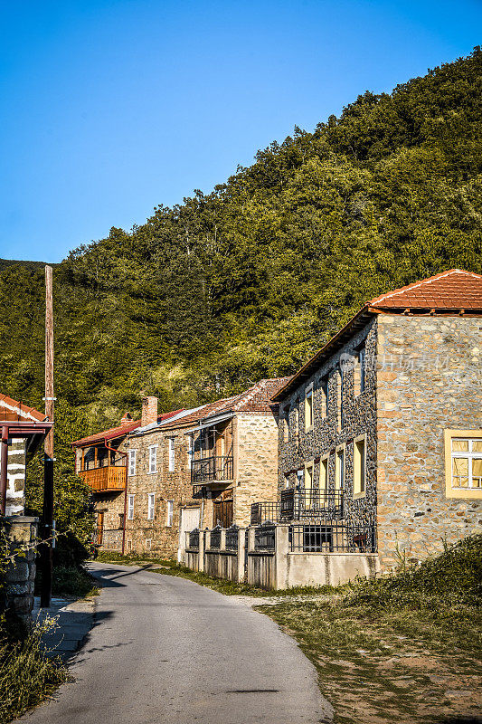 马其顿，Ljubojno村庄上的老房子和树林的街景