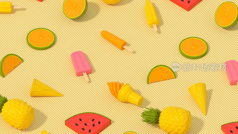 阳光下黄色背景的夏日水果和冰淇淋