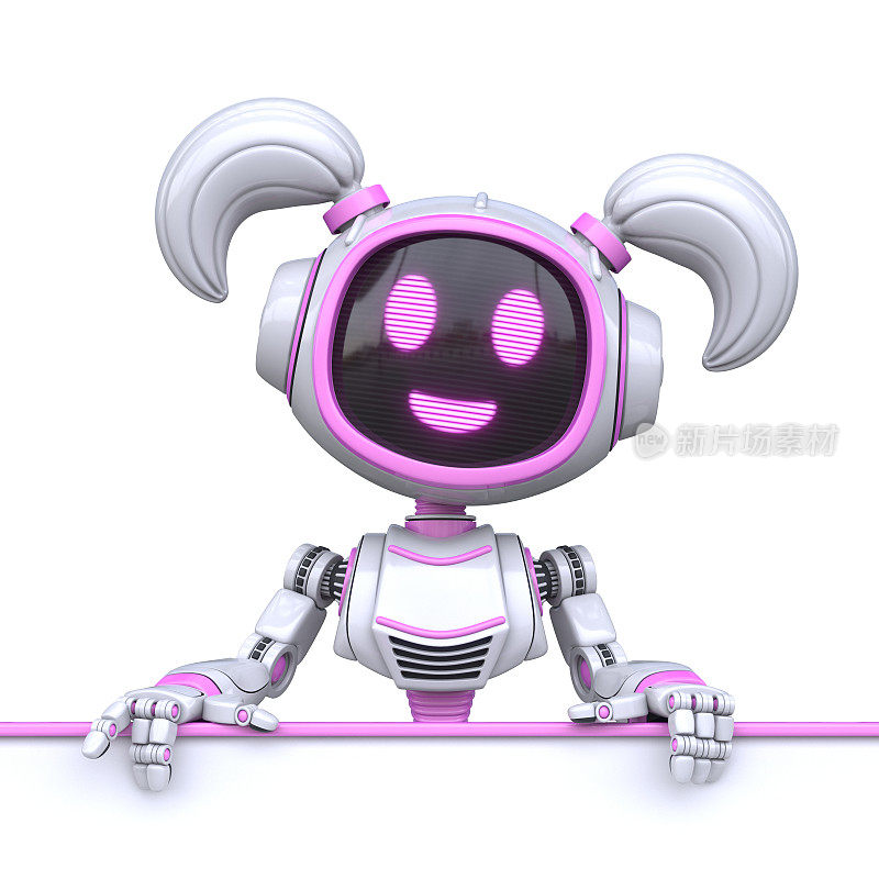 可爱的粉色女孩机器人手持空白白板3D
