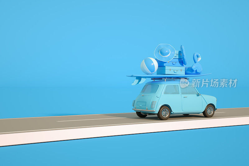 暑假之路与蓝色背景的汽车旅行概念