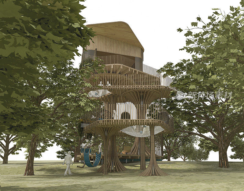 美丽的建筑树屋结构在一个豪华野营的3d综合体