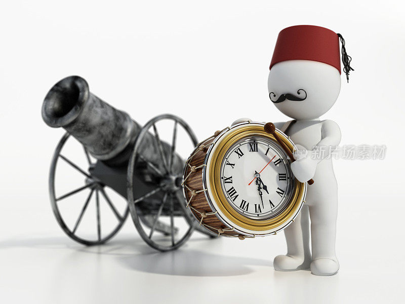 3D卡通人物在古色古香的大炮旁边敲着传统的斋月鼓