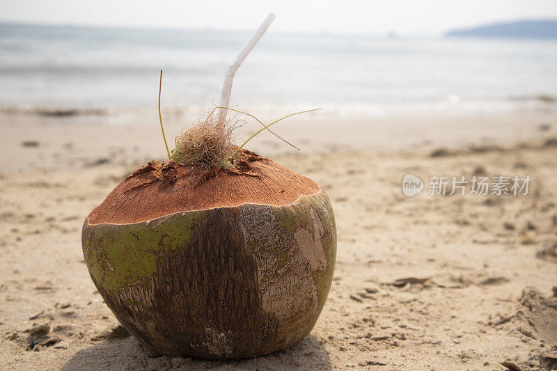 沙滩上的垃圾椰子壳和吸管