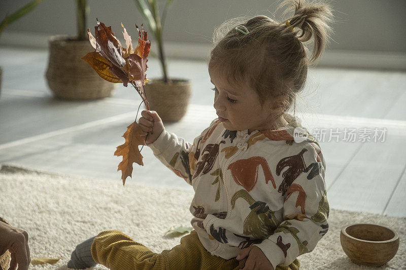 孩子们在家里玩秋天的树叶。