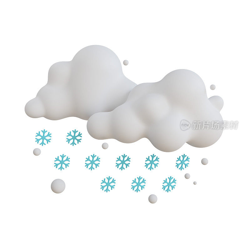 降雪的3D天气图标。一朵带着雪花的白云。天气图标