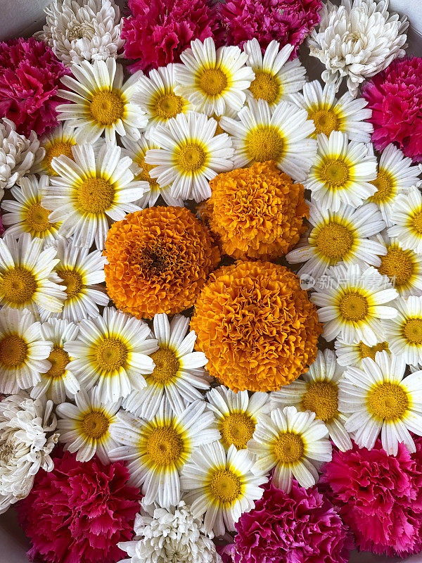 印度乌拉里碗的特写图片，里面装满了粉红色、橙色和白色的花朵——雏菊、金盏花和菊花漂浮在一盘水中，圆形的插花展示，高架俯视