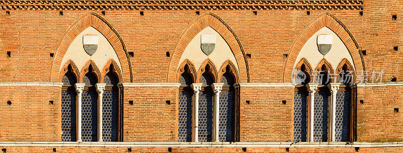 锡耶纳有窗户的老墙。意大利托斯卡纳锡耶纳的建筑。Publico宫和Mangia塔