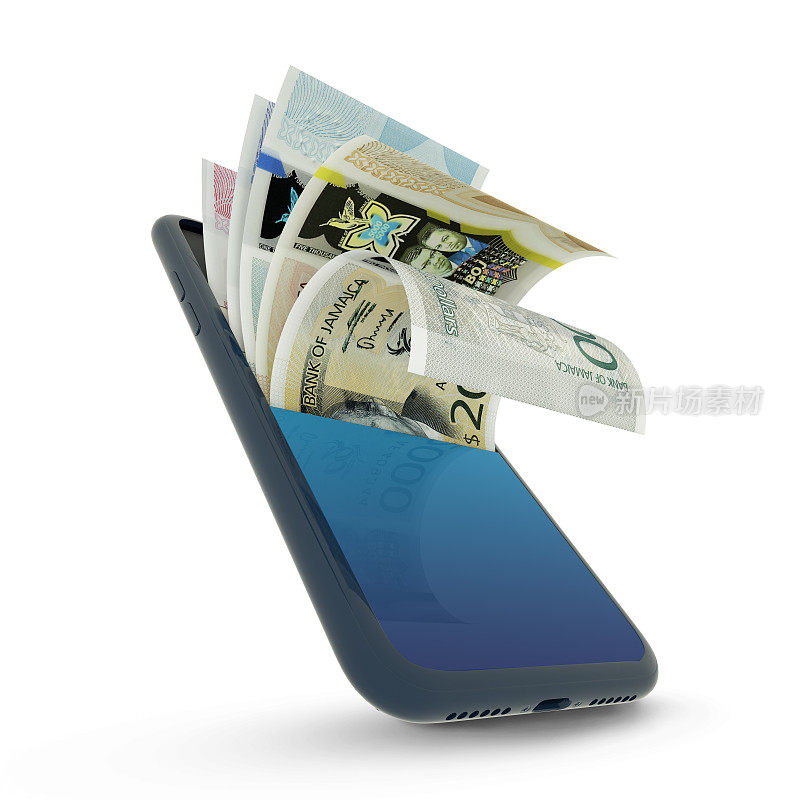 手机内牙买加元纸币的3D渲染。钱从手机里出来