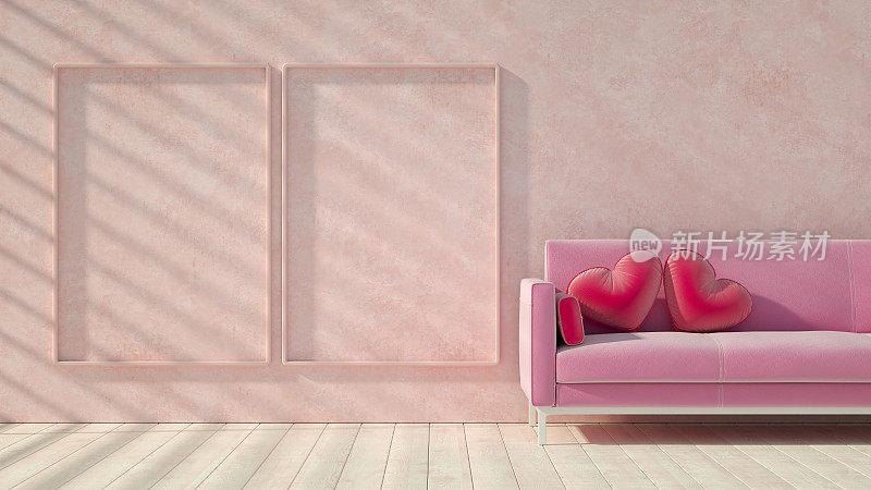 情人节概念，粉色沙发和心形枕头