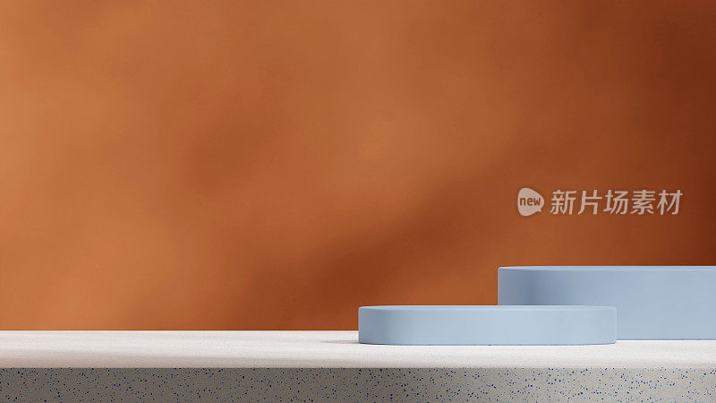 在景观水磨石地板和棕色墙壁，三维渲染模板模型浅蓝色圆柱基座