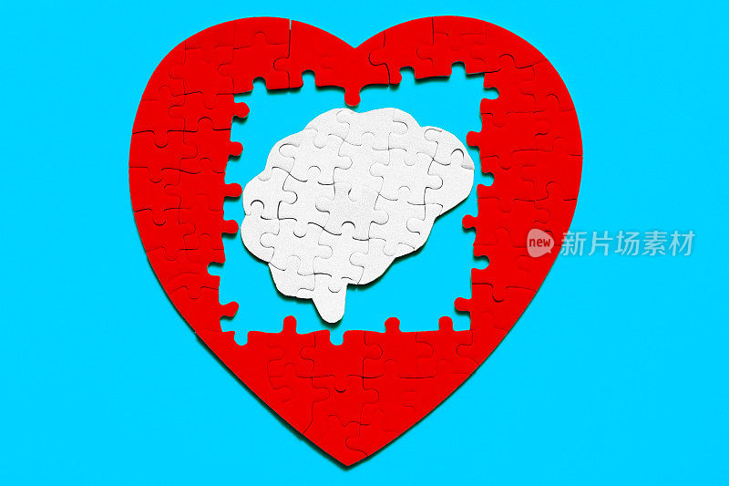 心灵之心:红色心脏框架内的拼图大脑