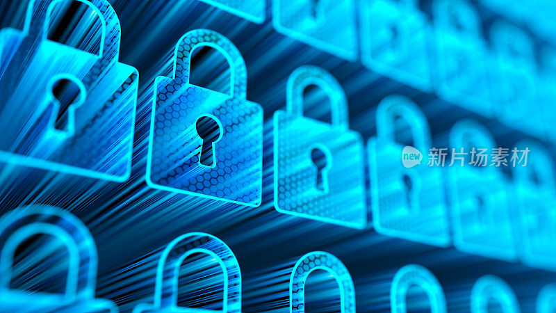 加密数据。数字锁。大数据的安全。网络安全与保护用户隐私的概念。数字革命。数据库存储3d插图。