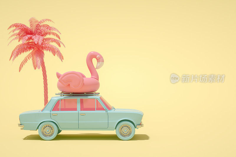 3D汽车和火烈鸟，最小的夏季和旅游概念