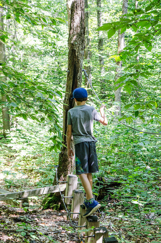 男孩在森林里的木杆上行走