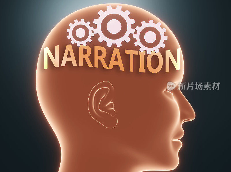 叙述在人的头脑-图片作为单词叙述在一个头部与齿轮象征，叙述是什么人可能会想，它影响他们的行为，3d插图