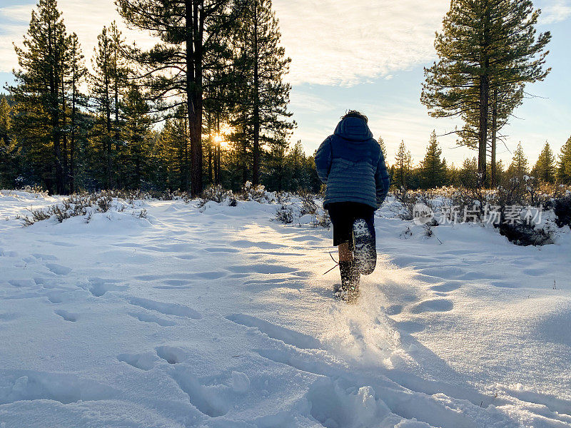 日落时分，孩子们在白雪覆盖的森林里奔跑玩耍