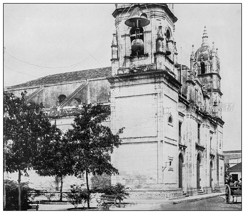 古黑白照片:大教堂，马坦萨斯，古巴