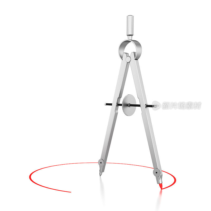 用红色线画圆规。工程工作的工具。3d插图孤立在白色背景上。