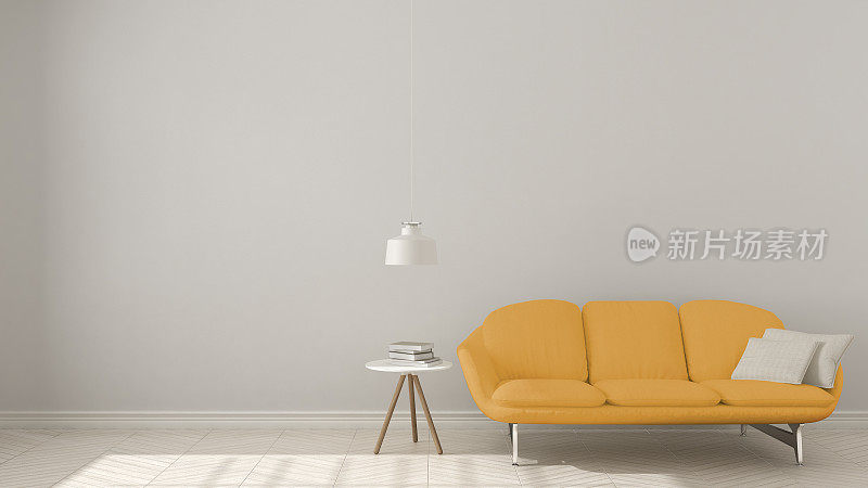 斯堪的纳维亚极简主义背景，配黄色沙发人字形天然拼花地板，室内设计