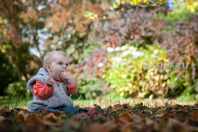 美丽的小女孩在落叶中玩耍