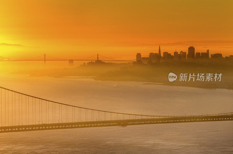 旧金山市中心和日出金门大桥