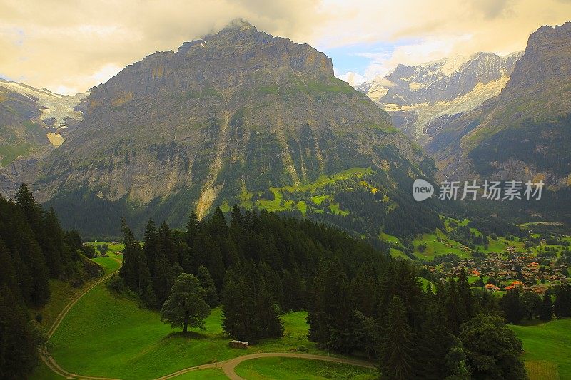 湿角，格林德沃风景之上的乡村道路:瑞士阿尔卑斯山