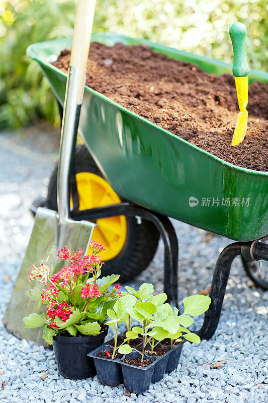 园艺设备与花盆在花园里