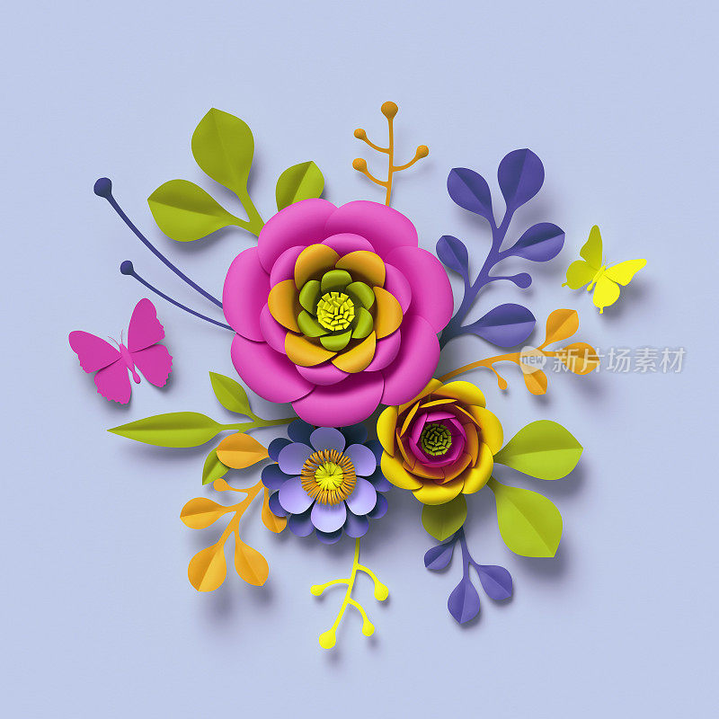3d渲染，工艺纸花，节日花束，植物安排，明亮的糖果颜色，自然剪辑艺术孤立在天蓝色的背景，装饰点缀