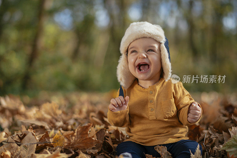 婴儿坐在秋天的树叶公园的地上