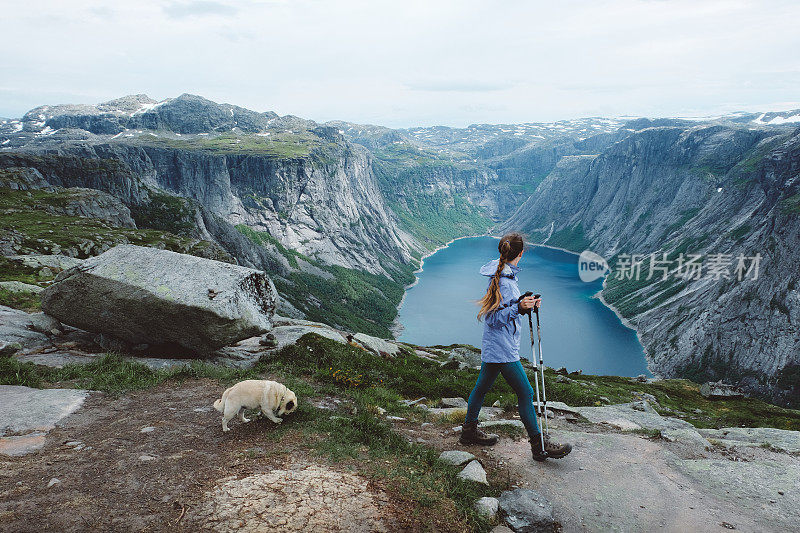 女人和狗徒步旅行到挪威的巨魔通加