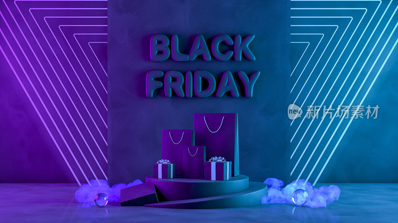 3D黑色星期五概念，礼盒和购物袋霓虹灯和烟雾在黑色垃圾背景
