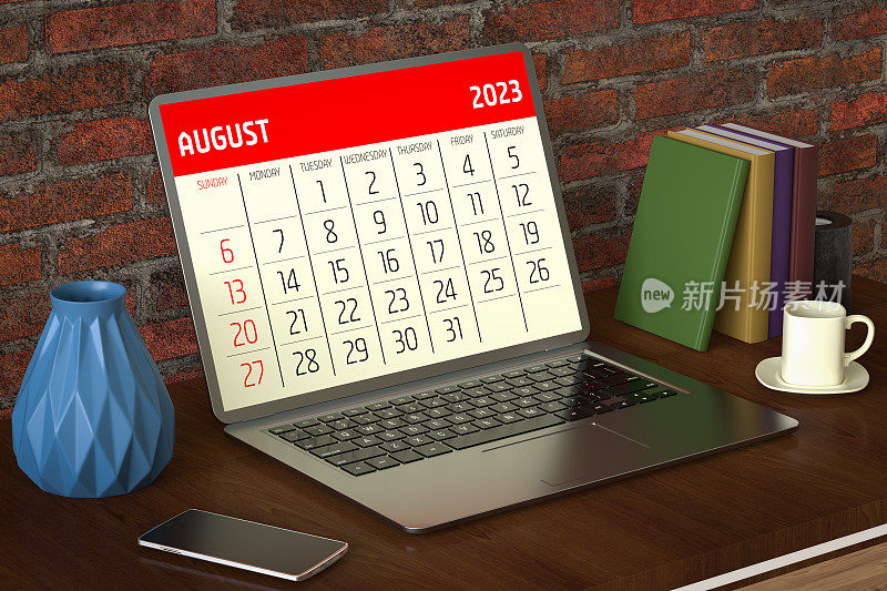 2023年8月日历计划日程笔记本电脑办公桌。3d渲染
