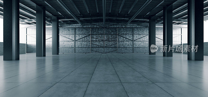 Grunge工作室展厅大空钢混凝土机库仓库谷仓巨大空间日光窗现代车间汽车车库仓库3D渲染
