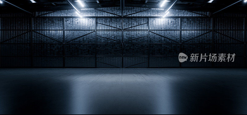 Grunge工作室展厅大空钢混凝土机库仓库谷仓巨大的空间黑夜Led灯现代车间汽车车库仓库3D渲染插图