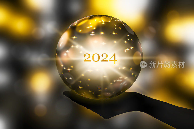 算命2024与黄金水晶球在一个手，欢乐的新年晚会或颁奖典礼或其他节日庆祝活动的节日气氛，3d插图