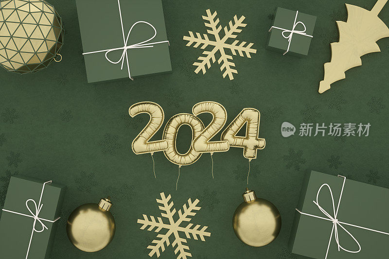 绿色背景上的2024年新年气球和圣诞装饰品。