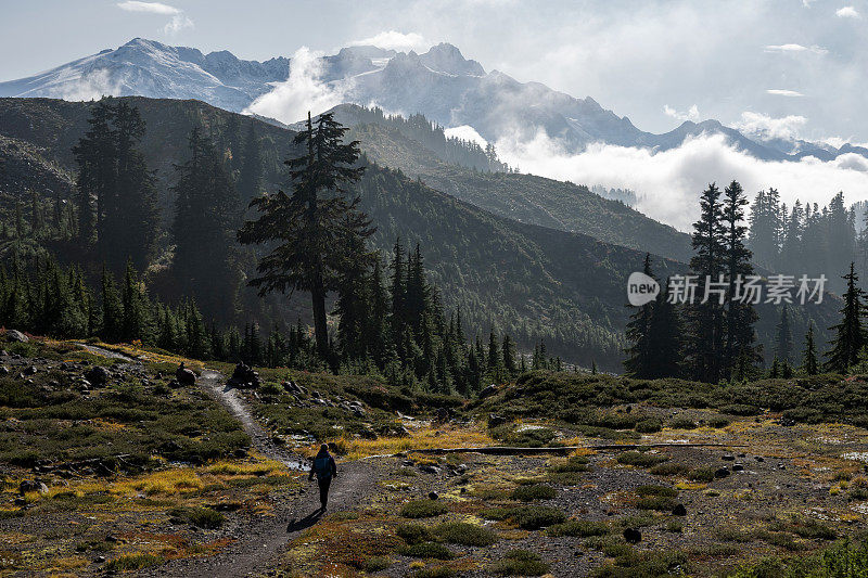 鸟瞰图徒步旅行者在雪山下的小路上