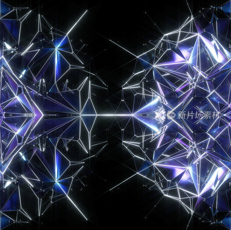 抽象艺术的3d渲染，带有超现实的外星人秘密盒子或分形立方体机构的部分，在黑色背景下蓝白光内的玻璃塑料中有尖锐的刺丝结构