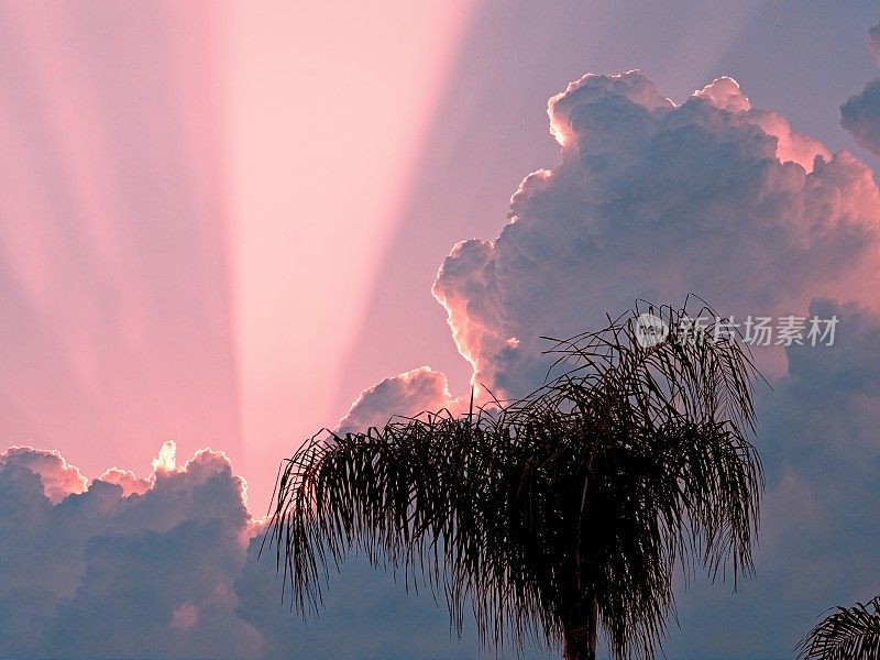 粉红色的日落，微粒般的太阳光线掠过高耸的积云
