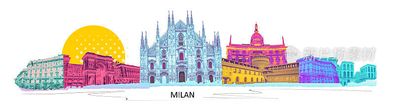 图片拼贴来自意大利米兰。拼贴画包括城堡、大教堂等主要地标。设计