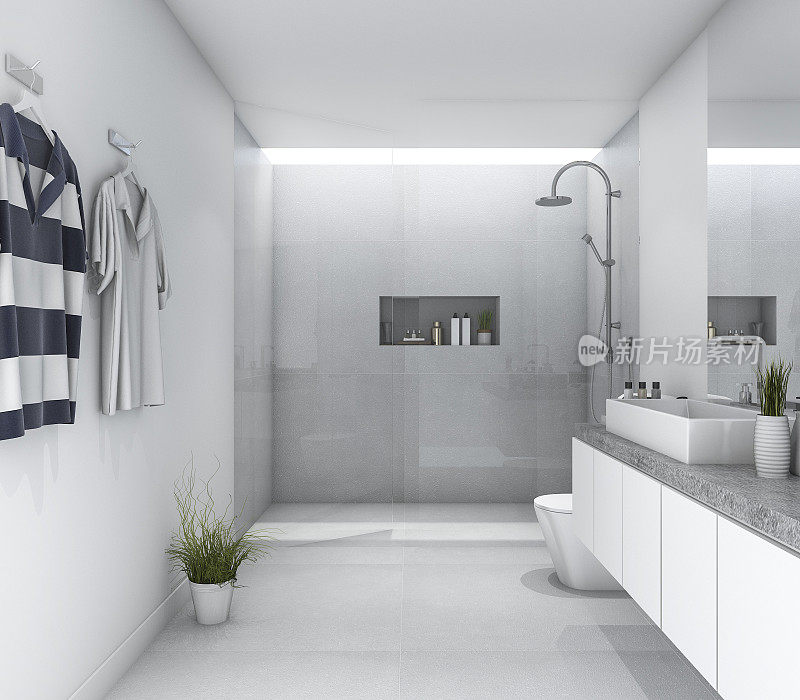 3d渲染白色干净的现代浴室与明亮的日光