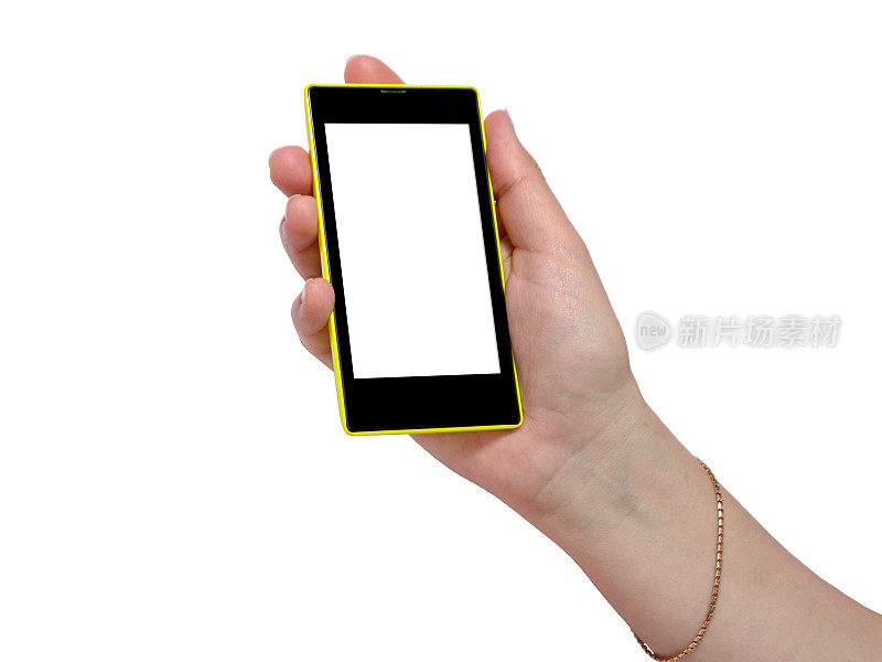手握黑色和黄色触摸屏手机