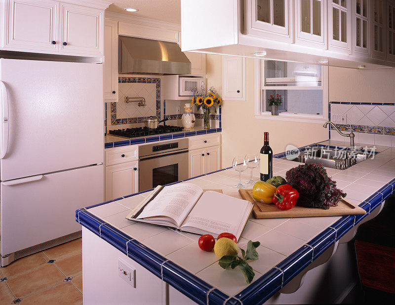 传统的白色和蓝色瓷砖厨房