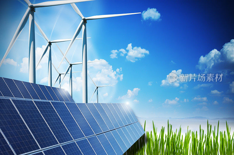 可再生能源概念与太阳能电池板和风力涡轮机在绿色领域
