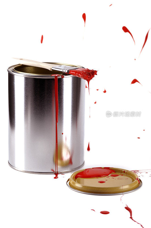 漆罐和刷子滴红颜色，孤立上白